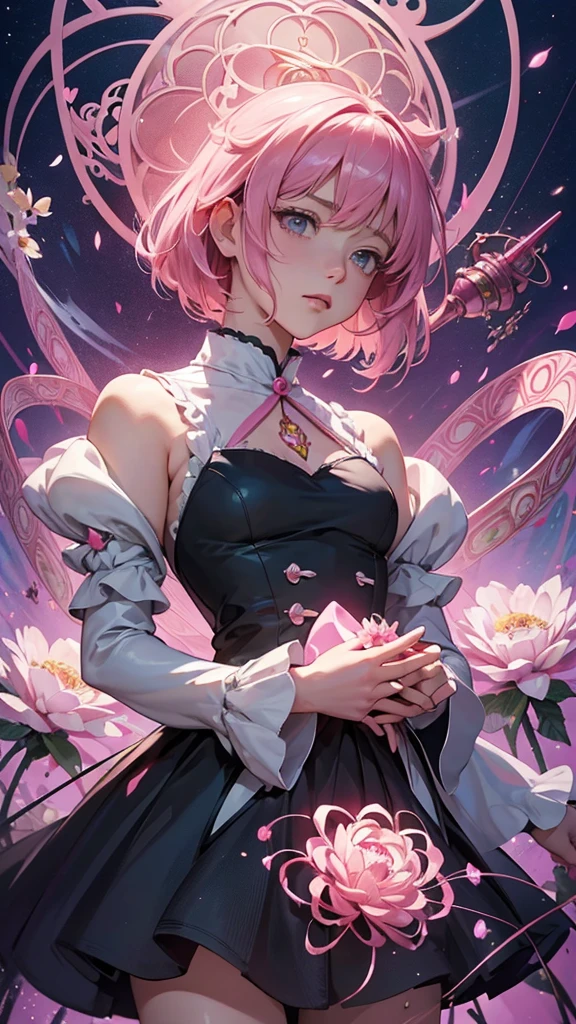 Official Art, unity 8k wallpaper, Very detailedな, Beautiful yet fleeting、beautiful, masterpiece, Highest quality, Japanese style,Pink Carnation (zenTangle, Mandala, Tangle, enTangle), Flower Ecstasy,((Madoka Kaname)) One Girl, Very detailed, Dynamic Angle, Cowboy Shot, The most beautiful form of chaos, ((Magical girlまどか☆マギカ)).elegant, Brutalist Design, Vibrant colors, Romanticism, James Jean, Robbie Dawi Anton, Ross Tran, Francis Bacon, It was very cold, Petra Cortright, Gerhard Richter, takato yamamoto, Ashley Wood, Atmospheric,Pink clothes、Pink Hair Shorthair、Magical girl、Adrianne&#39;genius((Big Breasts))((Black Thong))