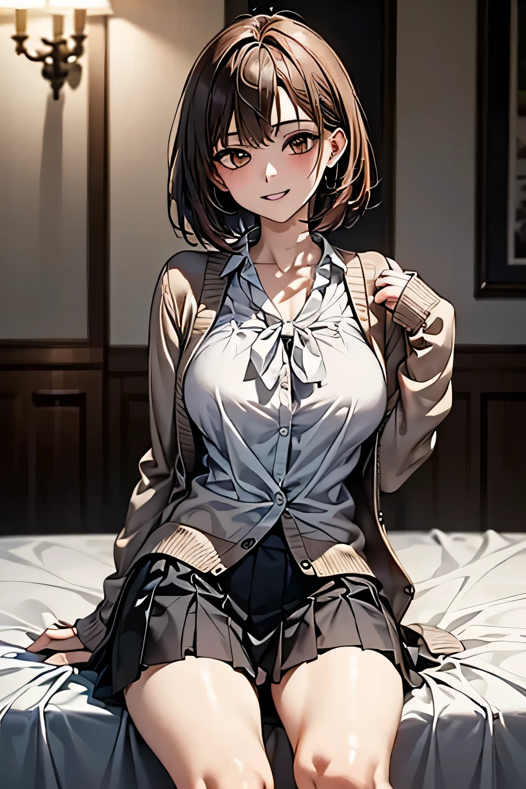 1 female, (Beautiful face with detailed shading), whole body, 40s, (Big Breasts), Beaver, Brown eyes, (Pink Cardigan), Open cardigan, White camisole blouse, (Yellow pleated skirt), White knee-high, On the bed, (Tabletop)), ((Highest quality)), (Very detailedな), ((attractive)), ((Very detailed)), 4K, (8k), Highest quality, (beautiful),(((World Class Quality))), Very detailed, High resolution,