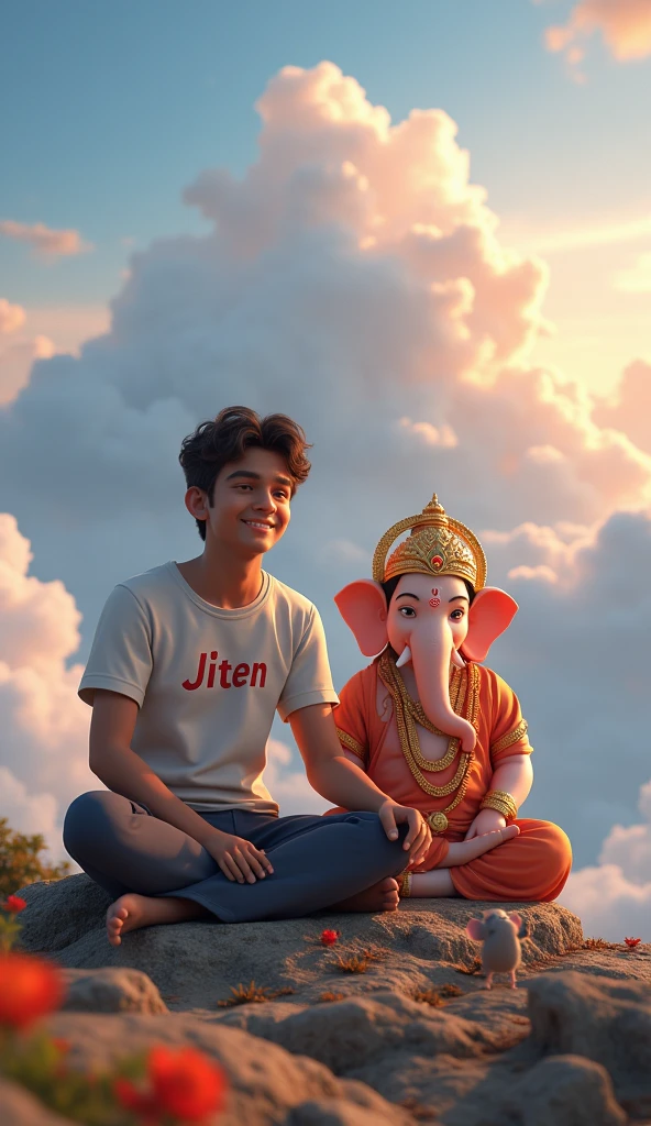 A boy with white t shirt and on t shirt print colour full name big latter krishna name ,
with lord little Ganesh big murti background