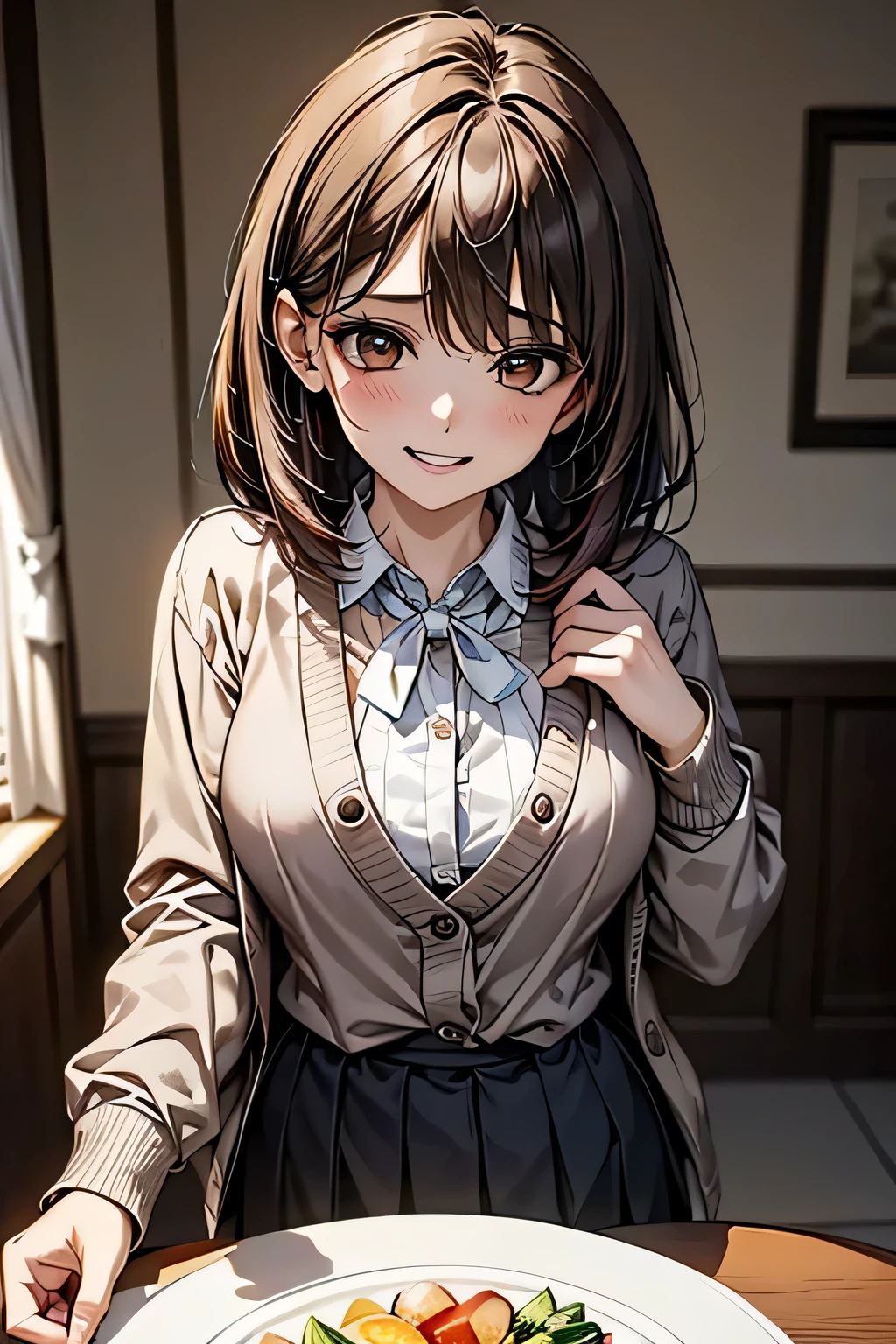 1 female, (Beautiful face with detailed shading), whole body, 40s, (Big Breasts), Beaver, Brown eyes, (Pink Cardigan), Open cardigan, White camisole blouse, (Yellow pleated skirt), White knee-high, On the bed, (Tabletop)), ((Highest quality)), (Very detailedな), ((attractive)), ((Very detailed)), 4K, (8k), Highest quality, (beautiful),(((World Class Quality))), Very detailed, High resolution,