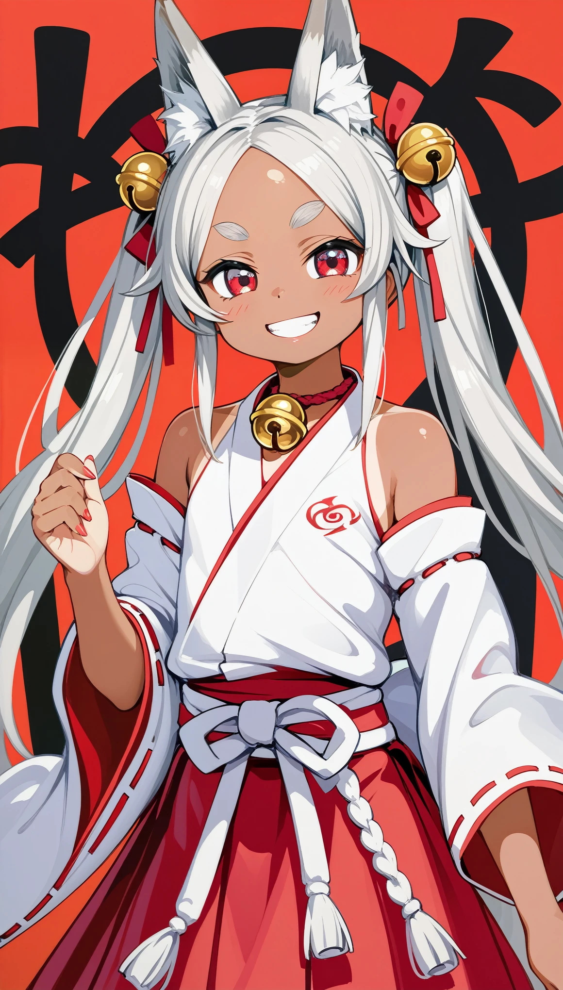 1girl, anime girls, pale skin, asanagi style, mesugaki, dark skin, tan, thick eyebrows, red eye, ((silver fox ear)), silver fox tails, Wicked Smile, evil grin,
twin tails, white Hair, Hair ribbon bell, bell choker, bimbo, ((dim body)), flat_chest, 
nontraditional miko, off shoulders, miko, red short skirt,
looking at viewer, lewd, cute, big eyes, ero, ecchi,
Score_9,Score_8,score_7_up,source_anime, rating_questionable, 
