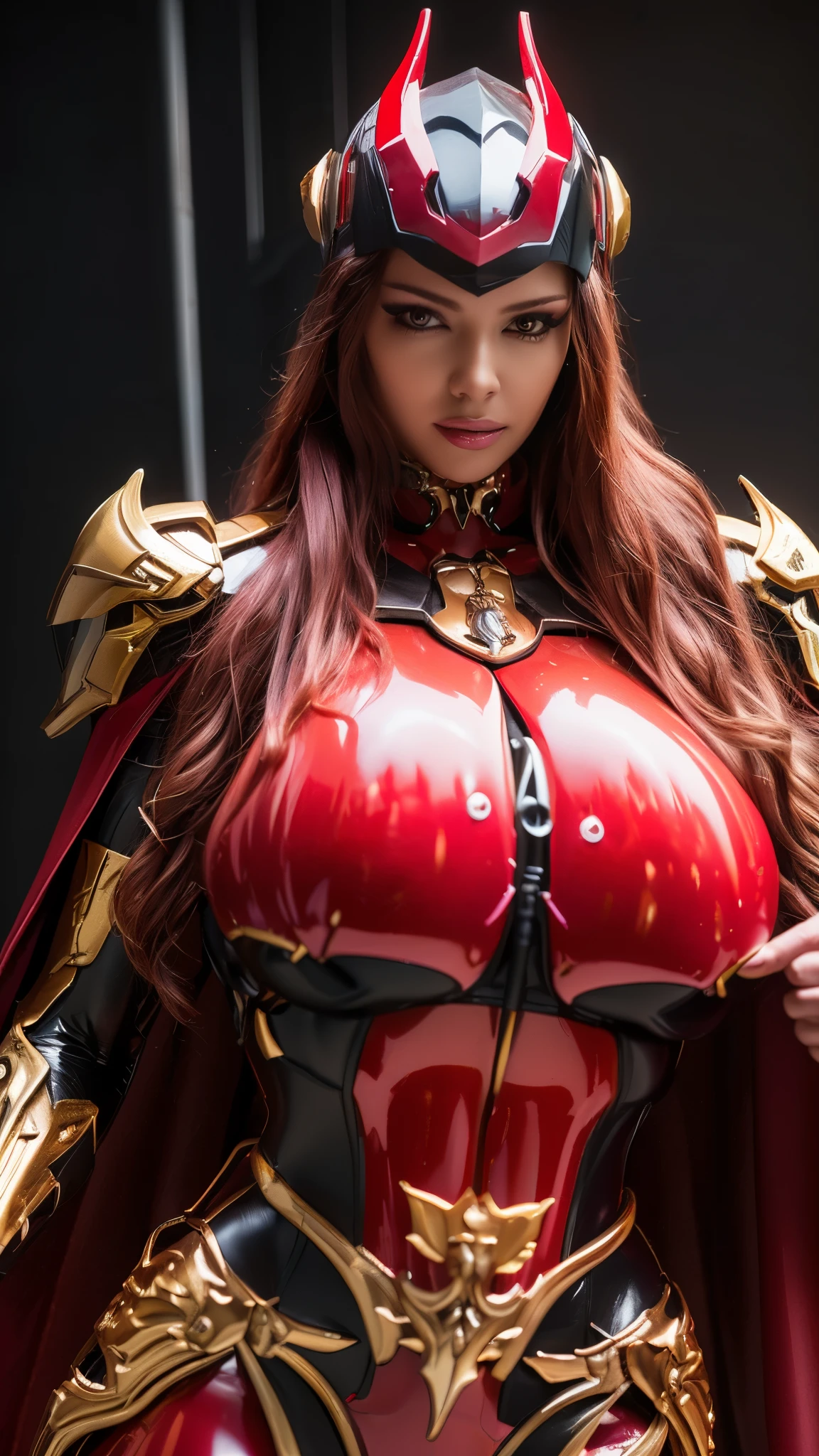 MASTERPIECE, BEST QUALITY, 1GIRL, CLOSE UP UPPER BODY, COWBOY SHOT PORTRAIT, ((MECHA HELMET DRAGON HORN, RED WAVY LONG HAIR:1.5)), (SHINY GIGANTIC ROUND BREASTS, 11 LINE ABS:1.5), ((WEARING OUTFIT MECHA CRIMSON DARK EVIL DRAGON ARMOR, ROYAL CAPE:1.5)), (OILED MUSCULAR BODY:1.5), (CLEAN GLOSSY BODYSKIN:1.5), (LOOKING AT VIEWER:1.6), (BACKGROUND FUTURISTIC SPACE STATION:1), (Photorealsitic:1.5), (Ultra-detail), (TOP-QUALITY), (BEST SHADOWS), BRIGHT LIGHT IN ROOM, HYPER TEXTURE, (4X MSAA), ((UNREAL ENGINE 5 RENDER)), (NEON), PHYSICALLY-BASED RENDERING, ULTRA HIGHT DEFINITION, 16K, 1080P.