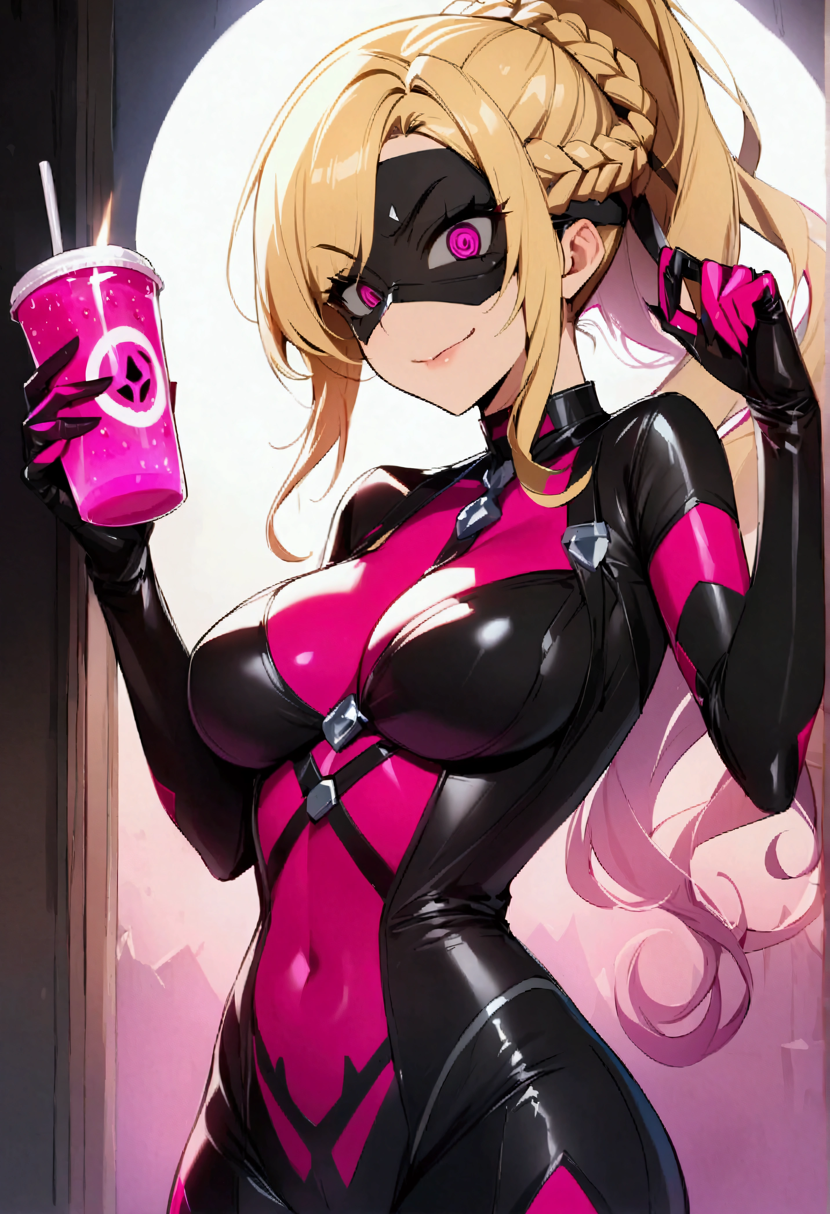 In the dimly lit nightclub, a masterpiece unfolds before your eyes, a captivating spectacle that instantly draws your attention. The image is that of Deadpool, the mercenary with a mouth as sharp as his blades, reclining at a bar stool, his iconic red and black suit contrasting dramatically with the dark surroundings.
Deadpool's fem body type is on full display, emphasized by the curve of his huge breasts that push against the fabric of his suit. His blonde ponytail, cascading over the mask, adds a playful touch to his bimbo-esque demeanor.
From the side, the perspective reveals the full extent