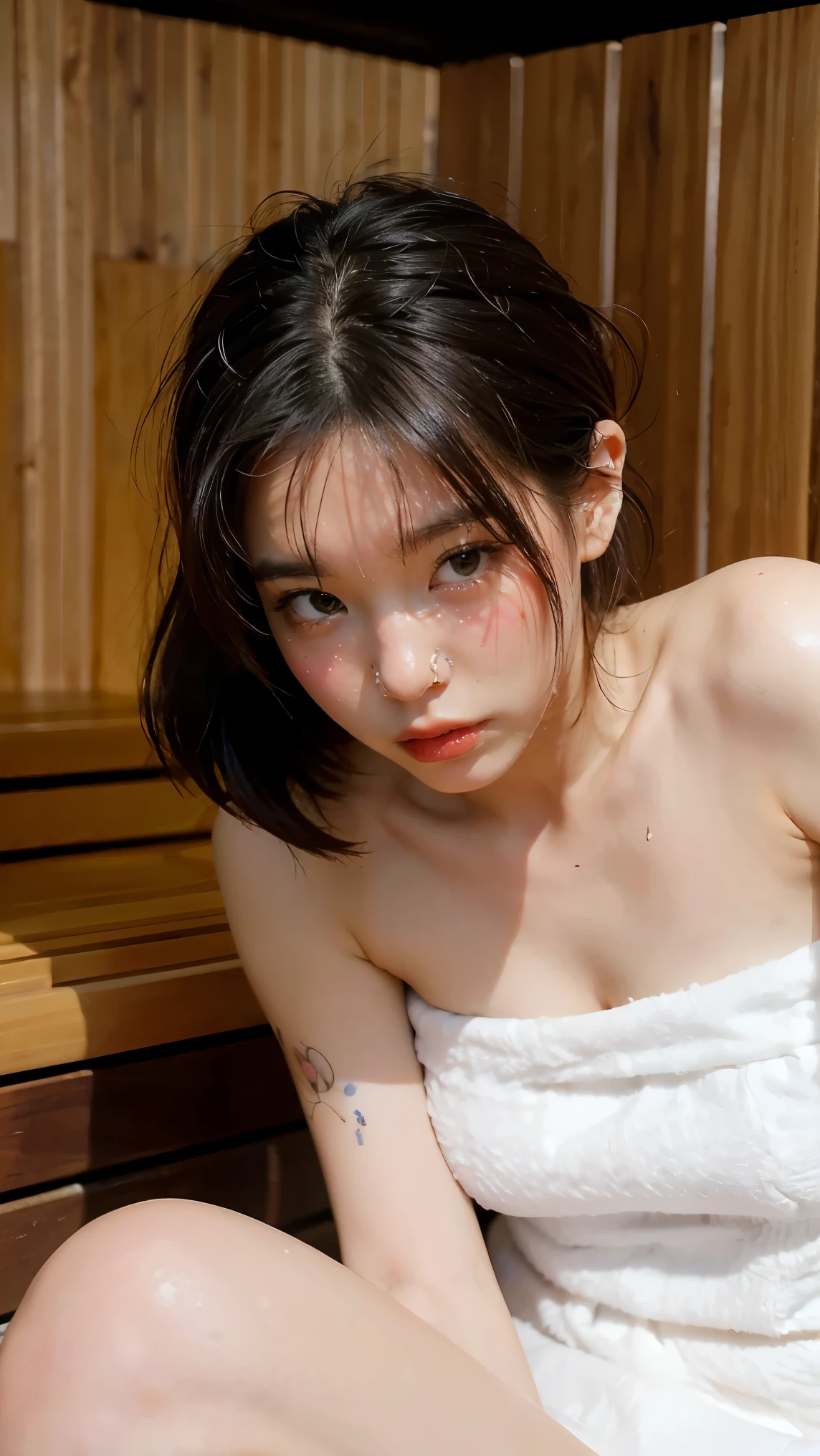 1Girl, Solo, (Masterpiece, Best Quality, 8K,,Photorealistic, real girl, mulberry:1.37), looking up at viewer, 1 dainty Japan, Slender body type: 1.1, Small breasts, Sitting, sauna, Double eyelids, Droopy Eyes, A dark-haired, (Sweaty face, Sweaty body: 1.2): 0.2, (White Oversized Towel Dress, strapless), (small in size, White Towel Turban: 1.1),, realistic body, makeups, Gloss slip, focus on face, smaller face, Sharp focus, Layered Cut, facing the viewer, The sauna has the following.., shot from the front