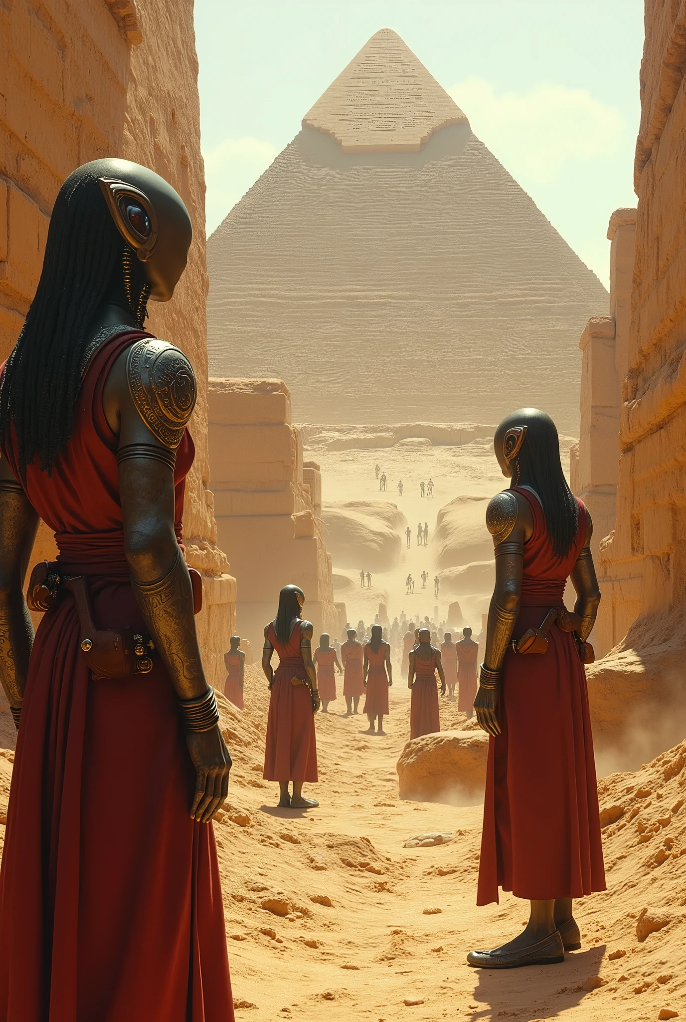 "Depiction of advanced and exotic looking aliens, with futuristic technology suits, collaborating with prehistoric humans in the construction of the pyramids of Egypt, millions of years ago. Aliens are using levitation and stone manipulation equipment, while humans work with rudimentary tools, helping to position giant blocks of stone. The scene should reflect a barren desert with the sun low on the horizon., and the pyramids under construction in the background. The scene should combine elements of an ancient era with the impressive presence of alien technology and the interaction between the two cultures.."