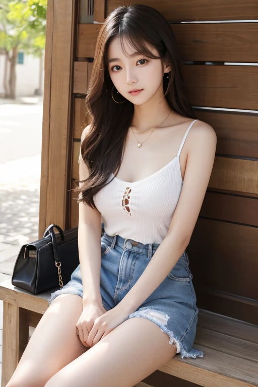 a 20 yo girl, beautiful, cute, alluring, in-love, blushed, mid-long light brown hair, loose half-opened minimalist sexy shirt, perky, medium breasts, background, de-saturated background, bokeh, dark theme, soothing tones, muted colors, high contrast, natural skin texture, hyper-realism, soft light, sharp, artistic full waist up pose , upper knees pose , naked shoulders, red cloth hides breasts, sfw