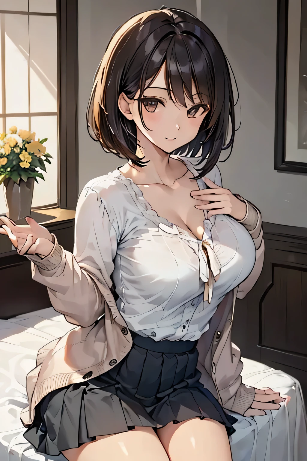 1 female, (Beautiful face with detailed shading), whole body, 40s, (Big Breasts), Beaver, Brown eyes, (Pink Cardigan), Open cardigan, White camisole blouse, (Yellow pleated skirt), White knee-high, On the bed, (Tabletop)), ((Highest quality)), (Very detailedな), ((attractive)), ((Very detailed)), 4K, (8k), Highest quality, (beautiful),(((World Class Quality))), Very detailed, High resolution,