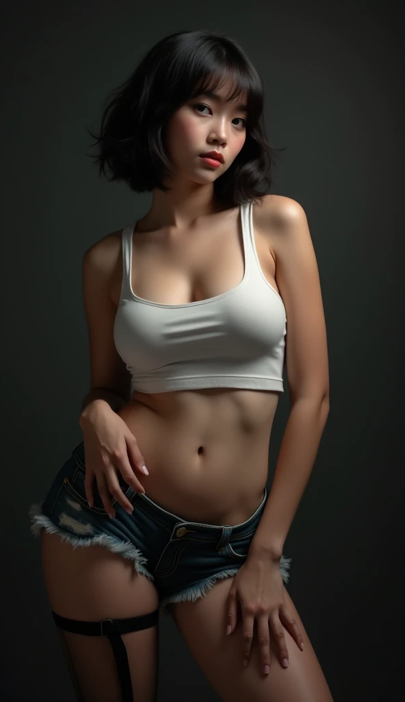 (front focus), (in the dark:1.6), Hyper Realist portrait of female by david hockney and alphonse mucha, fantasy art, photo realistic, dynamic lighting, attestation, poster, volumetric lighting, very detailed faces, 4 k, award winning, 1 Girl, in the dark, deep shadow, low key, cowboy shot, long hair, white hair, ((sexy bikini)), ((short jean pants)), lying on the bed, sexy lips, sexy eyes, sexy pose