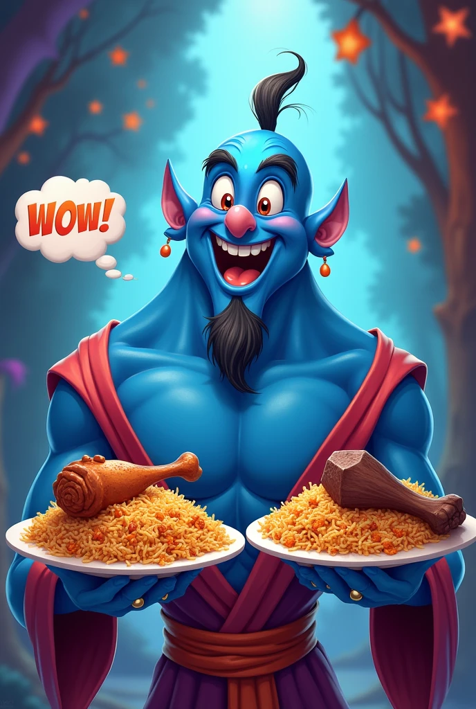 Smiling blue Geni from alladin movie holding biriyani with chicken leg pieces