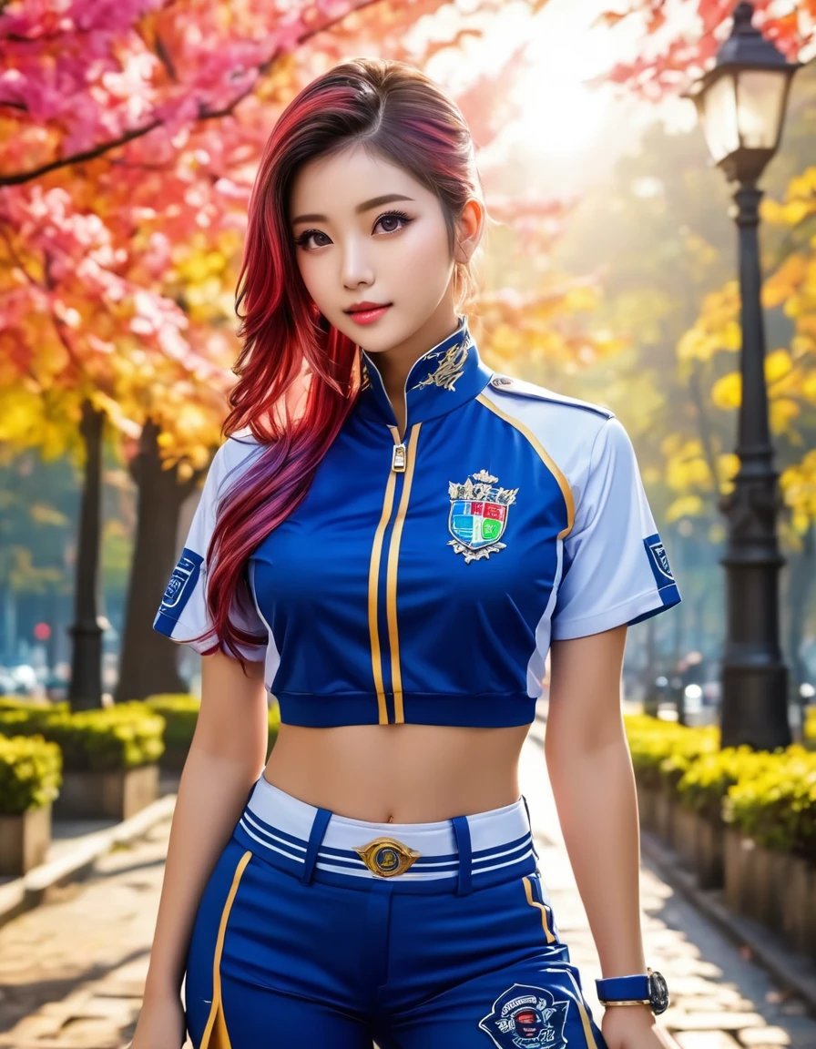 1girl, masterpiece, 8k, high quality, very detailed, beautiful face, detailed eyes, tattoo on neck, blue sport uniform, city park background, medium breast, multicolored hair, outdoors, colorful trees, backlight, ImgFixerPre0.3