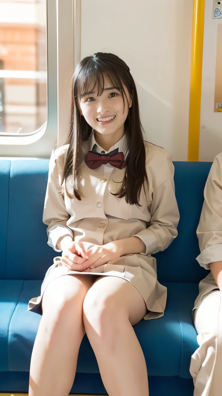 (masterpiece, Highest quality, 8k, RAW Photos, beautifully、beautiful:1.2), Intricate details, indirect lighting, Realistic, whole body, Sitting on a chair on the train、High School Uniform、Gazing at the audience、smile、Happy、Voyeur、 High School Uniform、 woman&#39;training , Chair to sit under skirt,Ultra-high resolution,8k,Bokeh,Sharp focus,Highly detailed face,Spanish Girls,beautiful足,thin,(Small breasts),Super Detail Eyes
