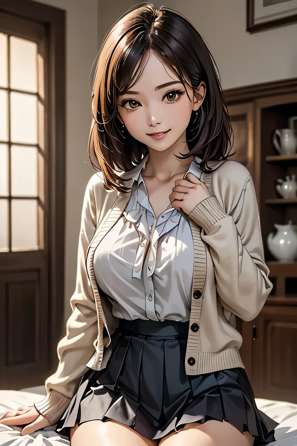 1 female, (Beautiful face with detailed shading), whole body, 40s, (Big Breasts), Beaver, Brown eyes, (Pink Cardigan), Open cardigan, White camisole blouse, (Yellow pleated skirt), White knee-high, On the bed, (Tabletop)), ((Highest quality)), (Very detailedな), ((attractive)), ((Very detailed)), 4K, (8k), Highest quality, (beautiful),(((World Class Quality))), Very detailed, High resolution,