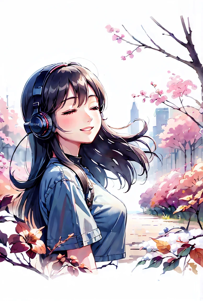 Woman listening to music with big headphones under a big tree　Smiling face with eyes closed enjoying music　Denim and black shirt　Black Long Hair　End of Summer　Signs of autumn