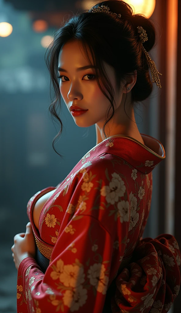big breasted japanese woman in elaborate kimono, ornate shrine, cinematic atmosphere, (best quality,4k,8k,highres,masterpiece:1.2),ultra-detailed,(realistic,photorealistic,photo-realistic:1.37),(looking at viewer),highly detailed face,beautiful detailed eyes,beautiful detailed lips,extremely detailed eyes and face,long eyelashes,intricate kimono design,ornate shrine background,warm lighting,dramatic shadows,vibrant colors,photorealistic