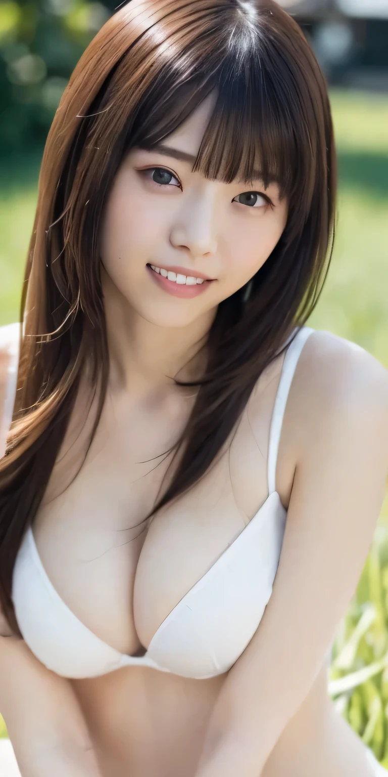 masterpiece、Highest quality, Ultra-high resolution、8k，photograph、1 girl, (Skin dents), (Large Breasts:1.1), bright, Blurred Background, (Asymmetrical bangs, Please comb your hair、Very long hair:1.5),(Loose breasts)、(Sunburn marks on the chest)、(Deep valley)、(soft, Saggy breasts)、(Translucent white skin)、(The best smile that makes people happy)、(Big round eyes are very cute)、(grassland、Spring Sky、Soft sunlight)
