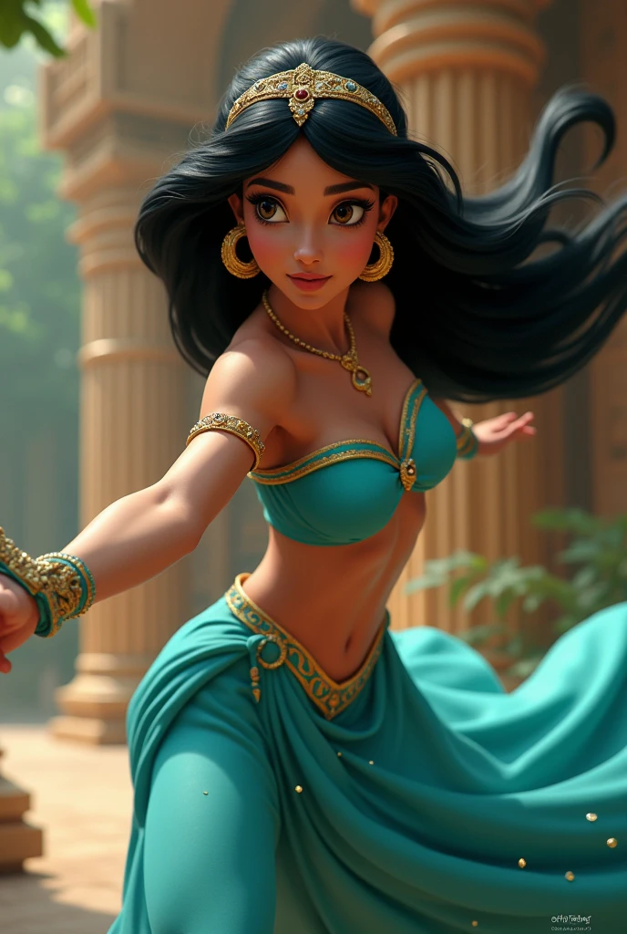 Stunning Princess Jasmine, photo in 8k, in action, cinematic.
