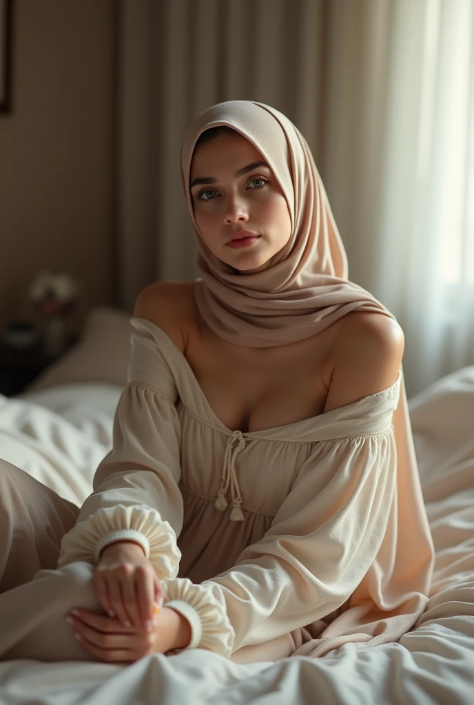 Big ass chubby hijab woman bend over on her bed, head down, waist up, view from her back, panty lines visible in her long robes, she looking back at you with her tongue out