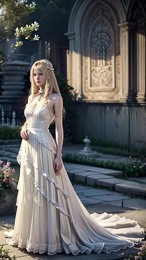 beautiful young woman long blonde hair delicate white dress transparent in the wind sunset garden of mansion  , best quality,  masterpiece 