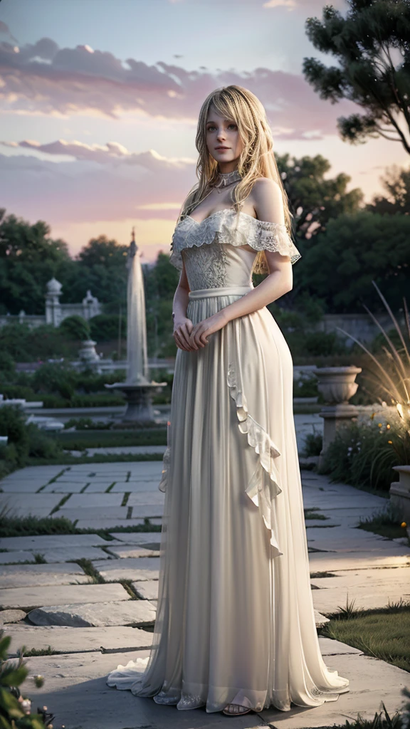 beautiful young woman long blonde hair delicate white dress transparent in the wind sunset garden of mansion  , best quality,  masterpiece 