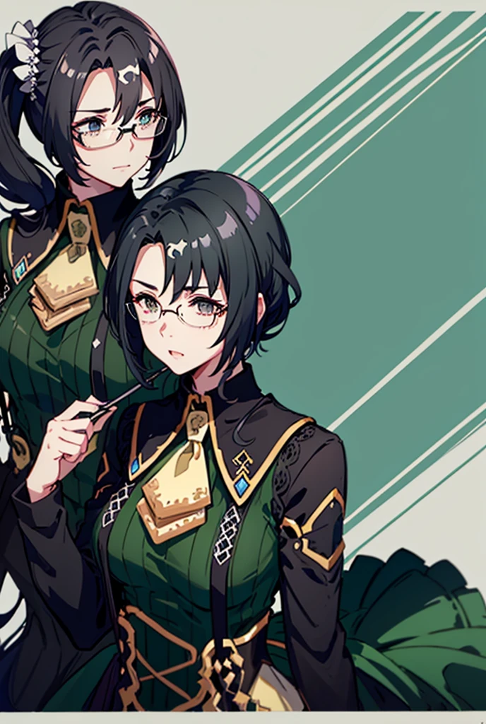 2 female,Height: 158cm, Standard body type, Black Hair, Low Ponytail, Hanging eyes, Glasses, Tears under the right eye, Skirt Suit, Fair skin, Character portrait, High resolution, 