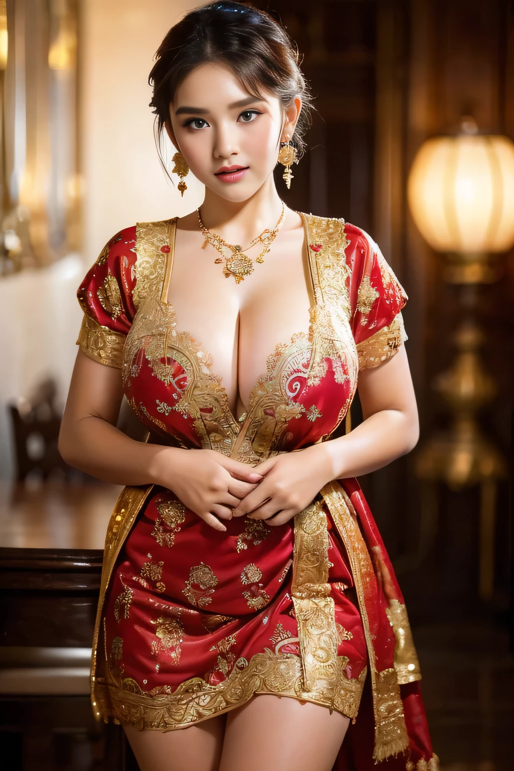 A beauty girl slightly, Wearing traditional dress, detailed beautiful eyes, *********, cute girl, (huge breast:1.2), earrings, necklace, Javanese ornament, open legs, spread pussy, whole body 