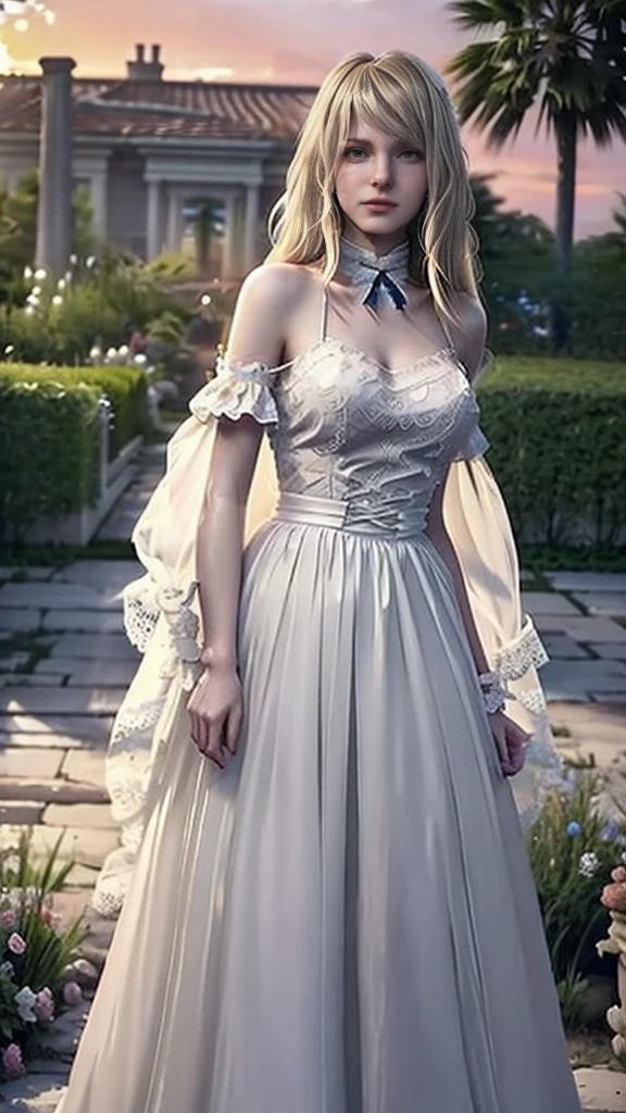 beautiful young woman long blonde hair delicate white dress transparent in the wind sunset garden of mansion  , best quality,  masterpiece 