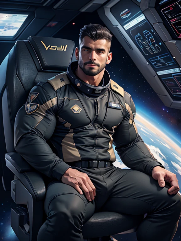 a muscular arab man, 25anos, Very beauthful, Scrawny, wide chin, masculine, sitting in a command chair, wearing a tight-fitting futuristic uniform, security officer, space ship, dark technological environment, apparent volume of the athletic cup under the suit