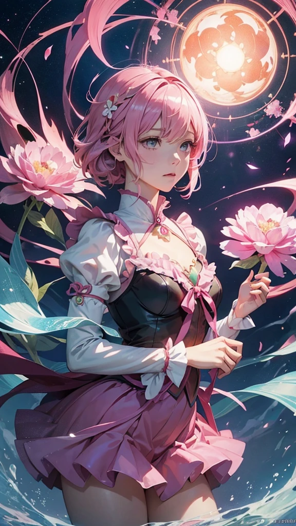 Official Art, unity 8k wallpaper, Very detailedな, Beautiful yet fleeting、beautiful, masterpiece, Highest quality, Japanese style,Pink Carnation (zenTangle, Mandala, Tangle, enTangle), Flower Ecstasy,((Madoka Kaname)) One Girl, Very detailed, Dynamic Angle, Cowboy Shot, The most beautiful form of chaos, ((Magical girlまどか☆マギカ)).elegant, Brutalist Design, Vibrant colors, Romanticism, James Jean, Robbie Dawi Anton, Ross Tran, Francis Bacon, It was very cold, Petra Cortright, Gerhard Richter, takato yamamoto, Ashley Wood, Atmospheric,Pink clothes、Pink Hair Shorthair、Magical girl、Adrianne&#39;genius((Big Breasts))((Black Thong))