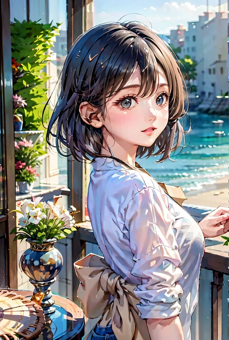 Woman looking out at the sea from a balcony　Feminine denim and black long sleeve shirt　Long black hair　A late summer morning　sea breeze　Signs of Autumn