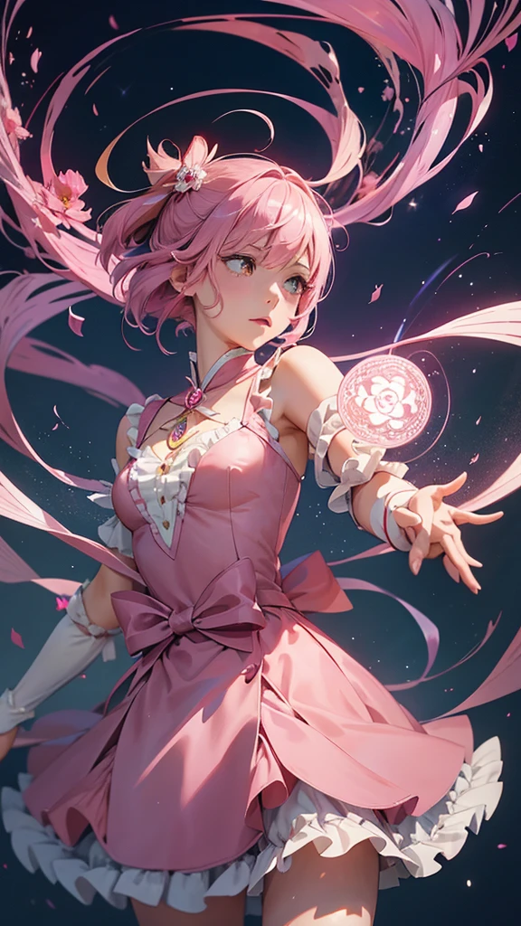 Official Art, unity 8k wallpaper, Very detailedな, Beautiful yet fleeting、beautiful, masterpiece, Highest quality, Japanese style,Pink Carnation (zenTangle, Mandala, Tangle, enTangle), Flower Ecstasy,((Madoka Kaname)) One Girl, Very detailed, Dynamic Angle, Cowboy Shot, The most beautiful form of chaos, ((Magical girlまどか☆マギカ)).elegant, Brutalist Design, Vibrant colors, Romanticism, James Jean, Robbie Dawi Anton, Ross Tran, Francis Bacon, It was very cold, Petra Cortright, Gerhard Richter, takato yamamoto, Ashley Wood, Atmospheric,Pink clothes、Pink Hair Shorthair、Magical girl、Adrianne&#39;genius((Big Breasts))((Black Thong))