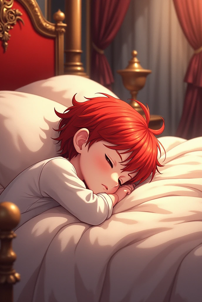 red hair, shaggy, red eyes, anime, baby, big bed, royal room, sleeping, lying on his back, simple white outfit,  