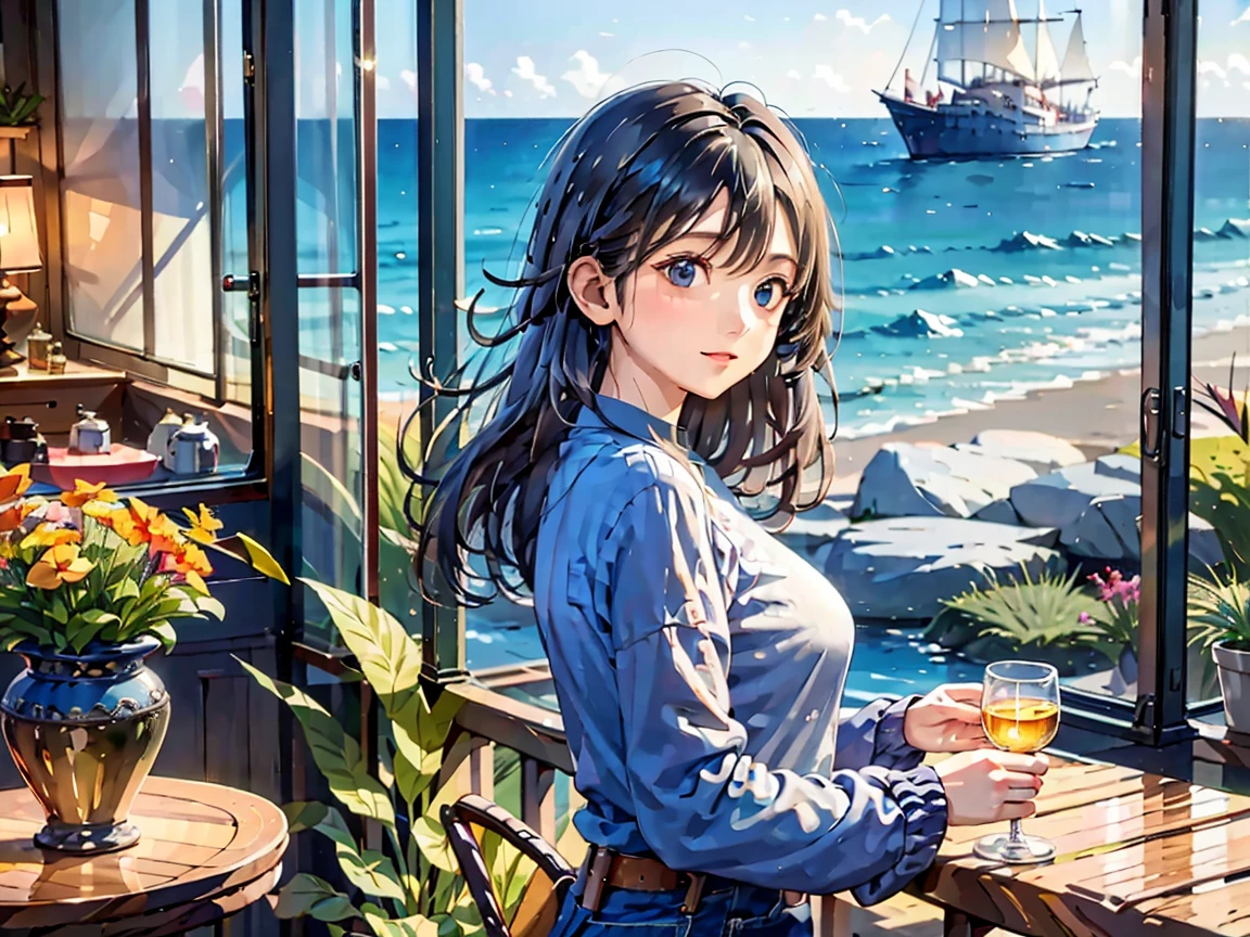 Woman looking out at the sea from a balcony　Feminine denim and black long sleeve shirt　Long black hair　A late summer morning　sea breeze　Signs of Autumn　The vast ocean spreads out from the large windows