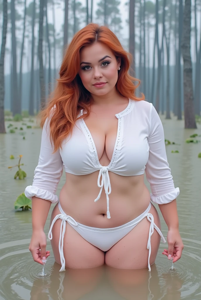 A skinny redhead girl with very massive and round breasts sits in the nature, wearing black bikini, breasts are squeezing out of bikini, making a greedy face, in the background is a beautiful waterfall, sunlights shining, she shows prouldy her juicy ass,
taking a hyperrealistic photo