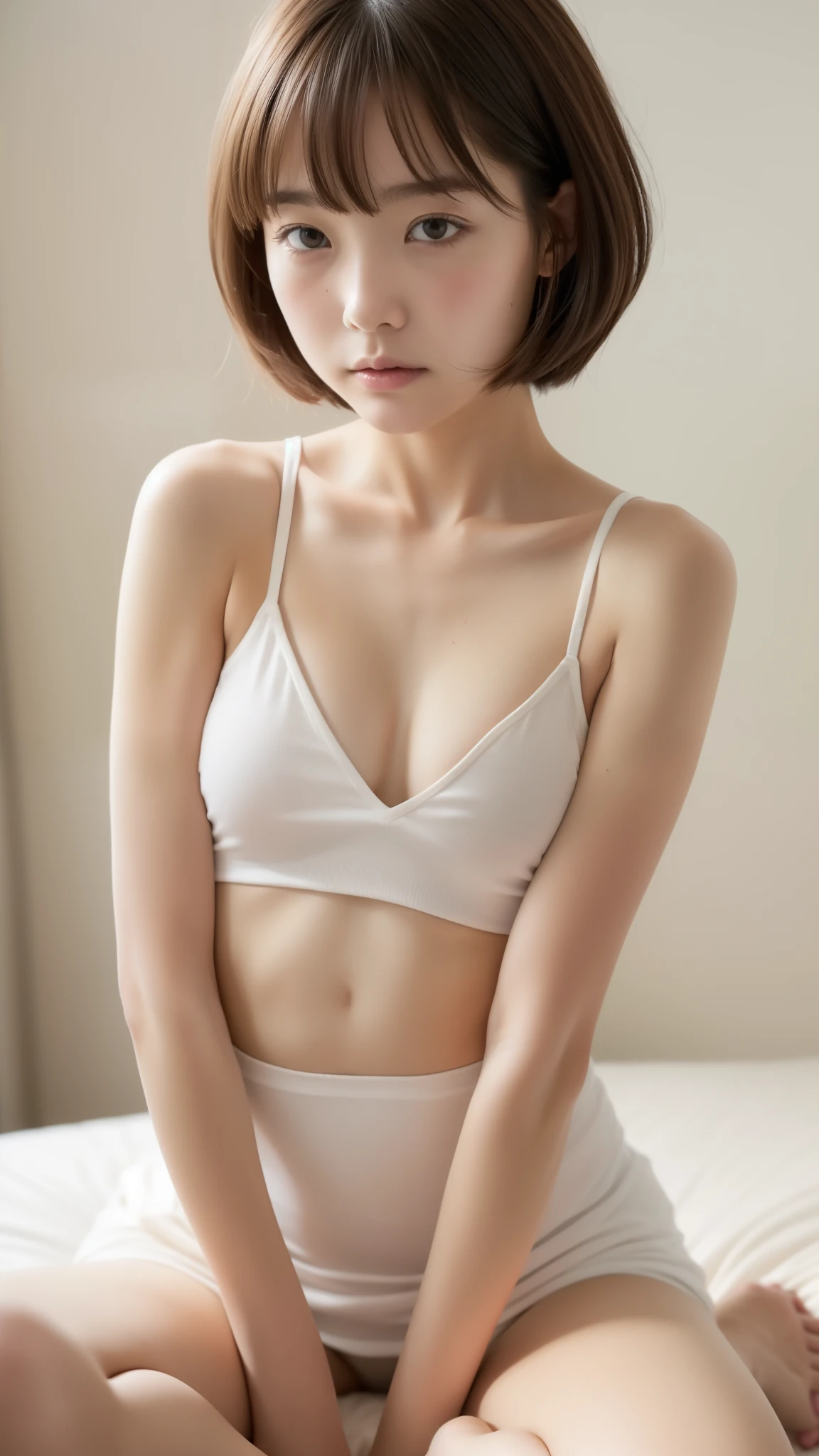 8k, (Hyper Reality: 1.35), (Realistic: 1.4), Beautiful Taiwanese woman, 笑face, alone. light makeup, masterpiece, 最high quality, high quality, alone, No pants, No bra, Latin, puberty, Jump Window, From below, open both thighs, thighs are exaggerated, Obscene, bed, Heavy breathing, performance, Spread your legs, alone: 1.5), (Taiwanese girl:1.5), (Taiwanese girl:1.5), close, What to bring:, 最high quality, Complete Anatomy, RAW Photos, Photorealism, face, very interesting, beautiful girl, cute, short hair, Written boundary depth, High resolution, Very detailed, Finer details, Very fine, Very fine Eyes and face, Sharp pupils, Realistic Pupils, Sharp focus, Cinema Lighting, flat chest, small breasts, small, (small bust:1. 2), small bust, (slim, small, flat, small), thin, Delicate and sexy collarbone, thin, Mast Piece, Soft Light, On the white bed, Seamless Nude! Hairless genitals, Shaven, room with natural light, Lying in bed, Leg spread, I know how cute you are, Embarrassed look. Embarrassed look, Close-up makeup on bare face, The skin color of the body and face are the same, Unadorned natural color, It has a devilish charm that captivates all who see it...
