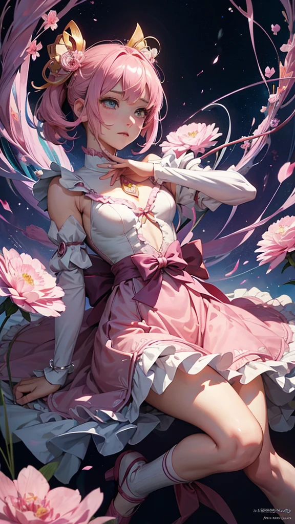 Official Art, unity 8k wallpaper, Very detailedな, Beautiful yet fleeting、beautiful, masterpiece, Highest quality, Japanese style,Pink Carnation (zenTangle, Mandala, Tangle, enTangle), Flower Ecstasy,((Madoka Kaname)) One Girl, Very detailed, ((Hair２Tie up to one))Dynamic Angle, Cowboy Shot, The most beautiful form of chaos, ((Magical girlまどか☆マギカ)).elegant, Brutalist Design, Vibrant colors, Romanticism, James Jean, Robbie Dawi Anton, Ross Tran, Francis Bacon, It was very cold, Petra Cortright, Gerhard Richter, takato yamamoto, Ashley Wood, Atmospheric,Pink clothes、Pink Hair Shorthair、Magical girl、Adrianne&#39;genius((Big Breasts))((Black Thong))