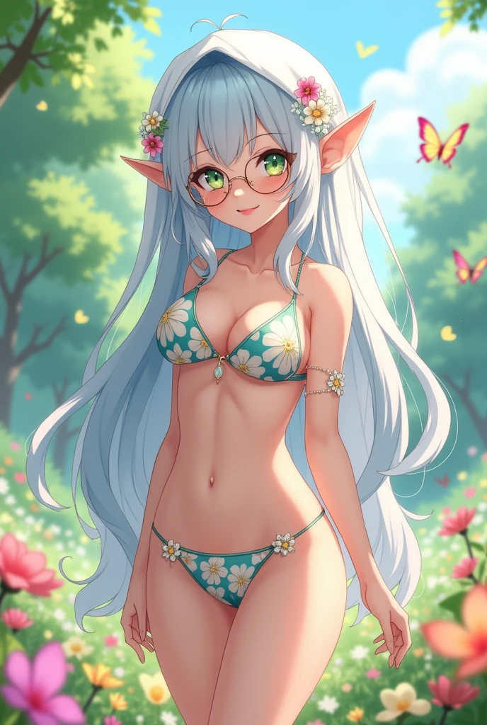 masterpiece, best quality, highres, aarurutie,1girl, white bra, erect nipples,show breasts, nude chest , white tight panties, white stockings. standing, garden, smile, open mouth, short white hair, ahoge, elf ears, green eyes