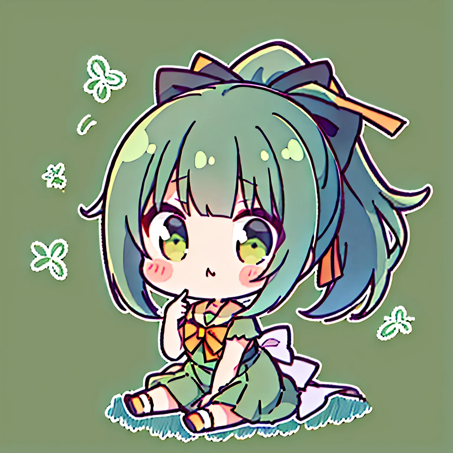 masterpiece, (yuubari_kantaicollection), Flat Avatar, solo, 1girl, (ponytail, ash green hair, Straight bangs), whole body, simple background, solid background, floral background, sitting, cute green dress, 