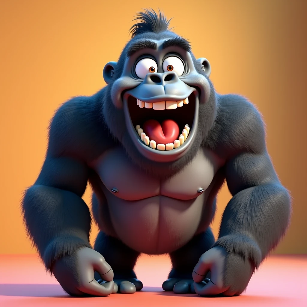 A gorilla laughing with one hand outstretched and thrust forward、Showing palms
