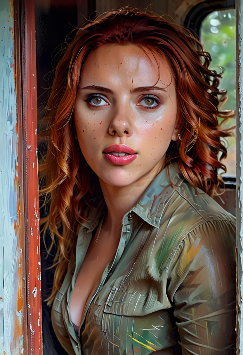 Scarlett Johansson, (masterpiece), cartoon, best quality，(photo_(medium):1.0), by Antonio J. Manzanedo, by Jeremy Lipking, lightning, painting style with watercolor, Brushstrokes, black  eyes,colorful，vibrant colors,1 ultra hot gorgeous busty European woman. Blight auburn hair. Looking through a dirty old window. Outside, jungle scenery.