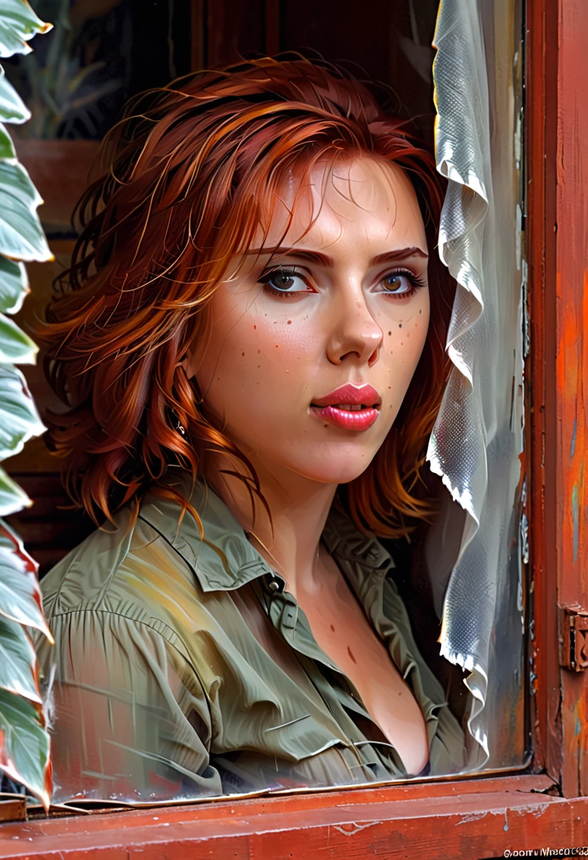 Scarlett Johansson, (masterpiece), cartoon, best quality，(photo_(medium):1.0), by Antonio J. Manzanedo, by Jeremy Lipking, lightning, painting style with watercolor, Brushstrokes, black  eyes,colorful，vibrant colors,1 ultra hot gorgeous busty European woman. Blight auburn hair. Looking through a dirty old window. Outside, jungle scenery.