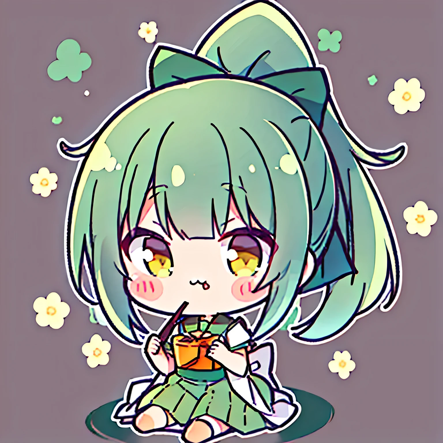 masterpiece, (yuubari_kantaicollection), Flat Avatar, solo, 1girl, (ponytail, ash green hair, Straight bangs), whole body, simple background, solid background, floral background, sitting, cute green dress, Laugh cutely、