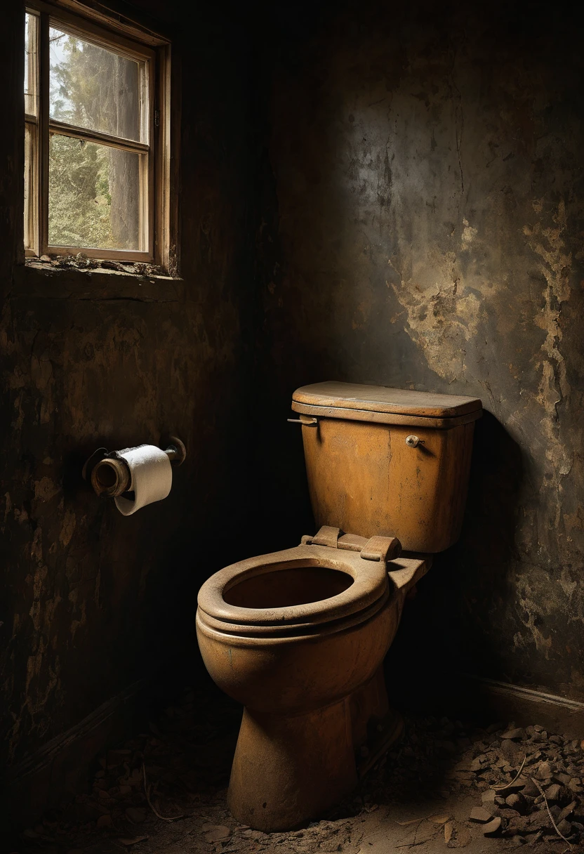 Painting by Russian artist Vladimir Shulzhenko “Toilet”. an alarming and grotesque world, with a muted palette and dry brush technique, creating a feeling of hopelessness, desolation, hopelessness, dirt, devastation, slop. dark Monochrome background. (Minimalism: 1). Ideal body anatomy.
