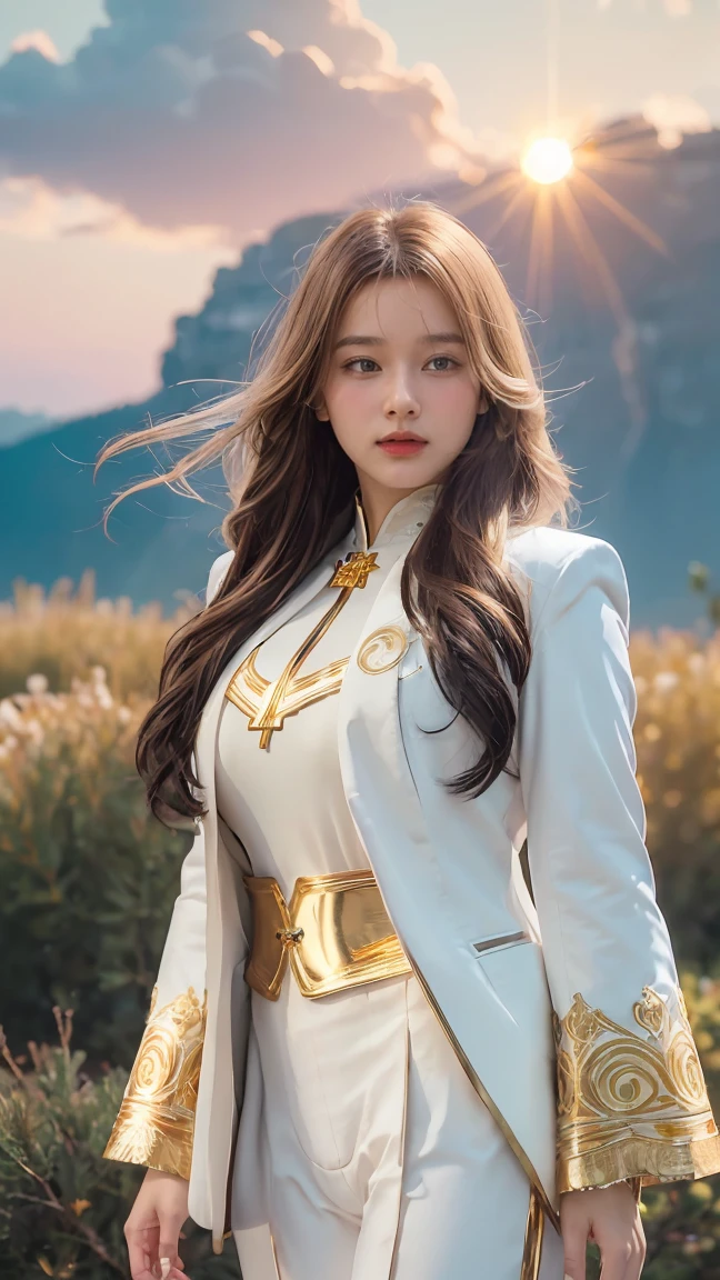 ((Masterpiece, best quality, very detailed), Volumetric light, surrounding occlusion, Rich and colorful, glow), 1 woman, lonely, young girl, (Brown bangs), long hair, radius, radius, sacred, goddess, Priesthood, (White suit with gold trim:1.3), armor, outdoor, sunset, sky, cloud, space, (Fantasy Theme:1.2),