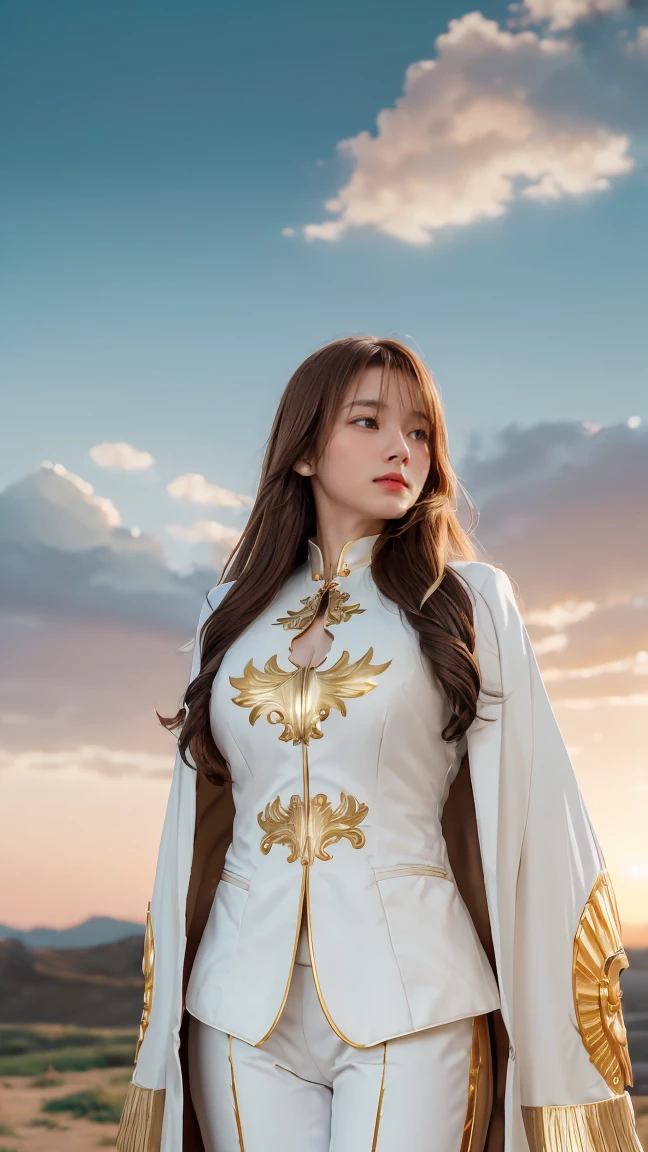 ((Masterpiece, best quality, very detailed), Volumetric light, surrounding occlusion, Rich and colorful, glow), 1 woman, lonely, young girl, (Brown bangs), long hair, radius, radius, sacred, goddess, Priesthood, (White suit with gold trim:1.3), armor, outdoor, sunset, sky, cloud, space, (Fantasy Theme:1.2),