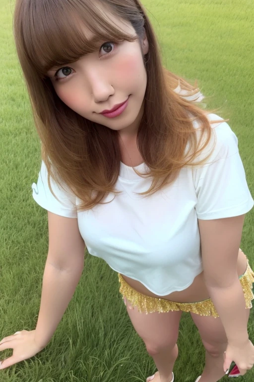 One girl, Beautiful woman,Cute t-shirt and low rise bikini shorts, skinny, Perfect body,  Golden Hair, Standing on the grass during the day,  Highly detailed face, Beautiful Eyes, Beautiful Lips, double eyelid, A shy smile, Shorn bangs, Sunburned skin, Pubic Hair Tips, (Highest quality, 8k, masterpiece:1.3), front and full body shot, Pussy Line, Positive, Spread legs Pubic hair Cameltoe