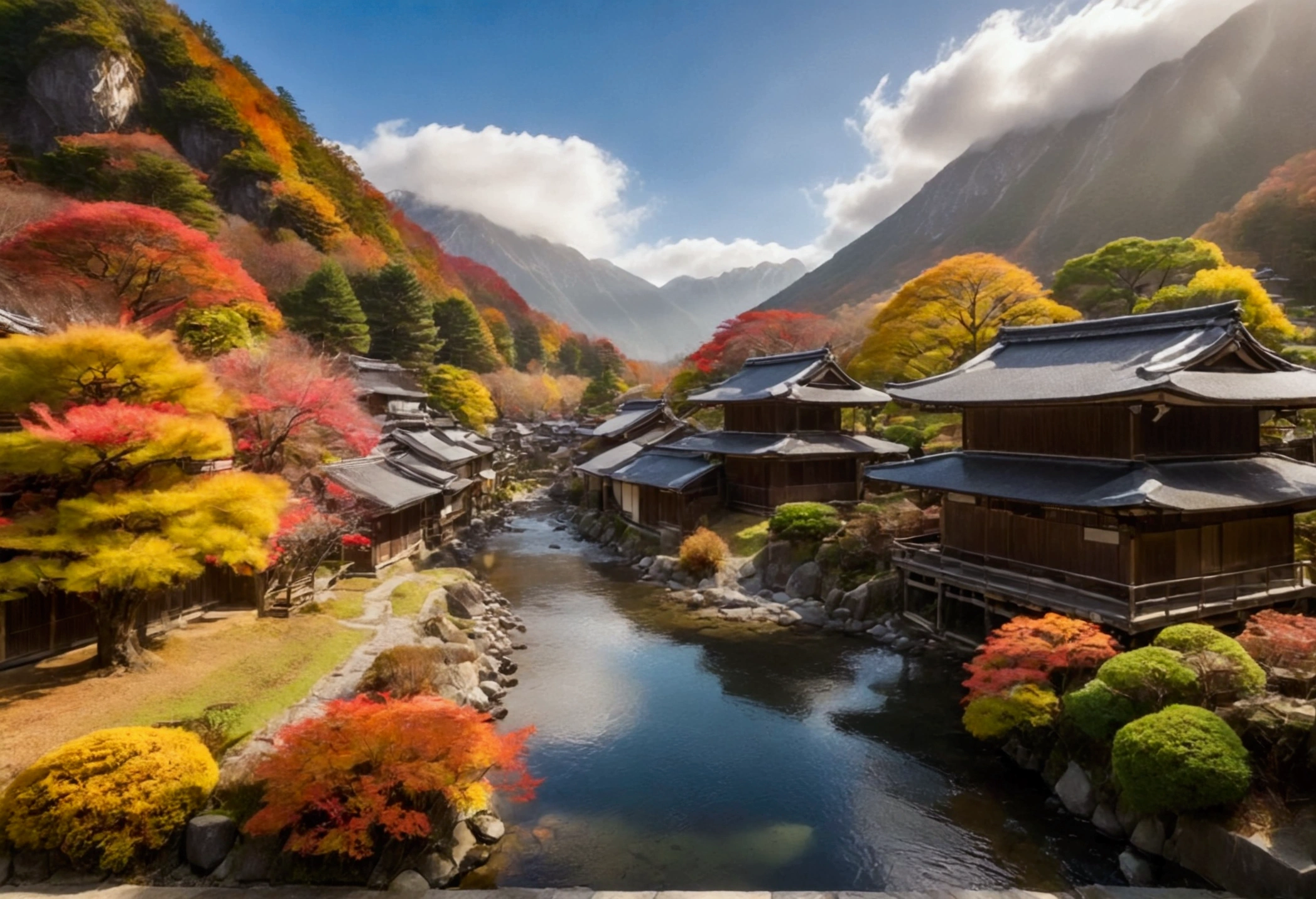 The landscape of Japan in autumn, with wooden houses by the water, a small river, and mountains behind, the colors of sunlight and sky.