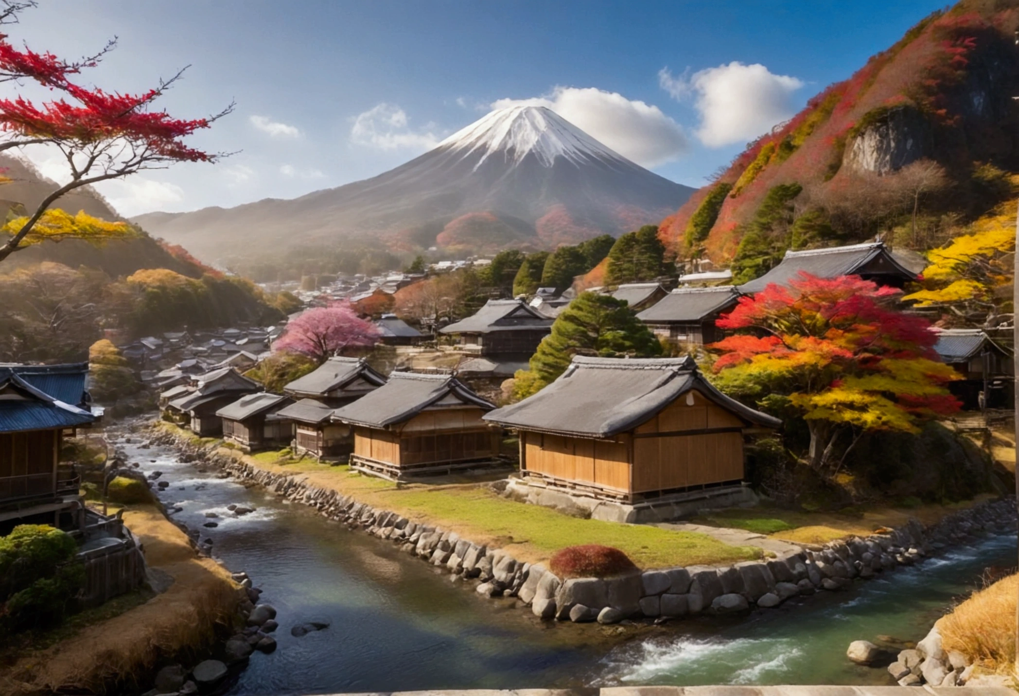 The landscape of Japan in autumn, with wooden houses by the water, a small river, and mountains behind, the colors of sunlight and sky.