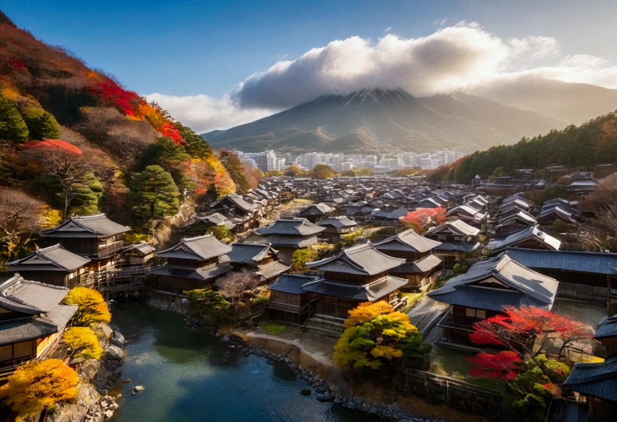 The landscape of Japan in autumn, with wooden houses by the water, a small river, and mountains behind, the colors of sunlight and sky.