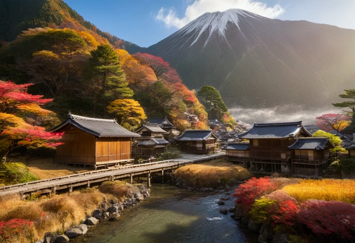 The landscape of Japan in autumn, with wooden houses by the water, a small river, and mountains behind, the colors of sunlight and sky.