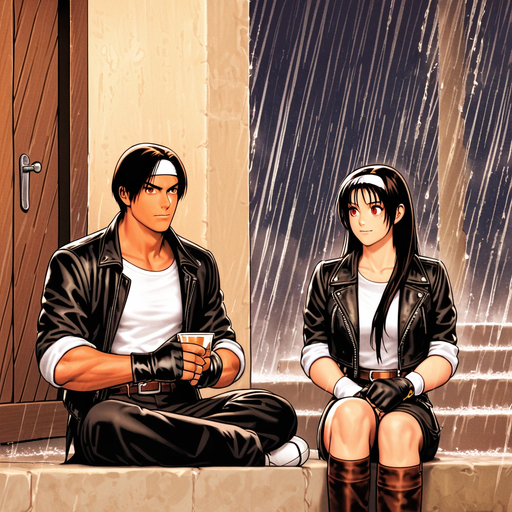 Orochiquillo, dark skin, couple, two people, man and woman, red eyes, ((black leather jacket with rolled up arms)), fingerless gloves, black hair, white T-shirt, ((white headband)), black pants, white shoes, brown belt, handsome, shot, charming, masterpiece, high resolution, detailed face, fine grain, day, rainy Rainy sky, Confident surprised face, With lover, Promenade des Anglais, Dining on terrace, Drinking brandy in rocks glass, Raining, France, Palm facing up, Concerned about rain leg, Sitting cross-legged